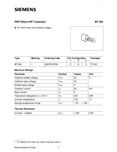 Siemens bf506  . Electronic Components Datasheets Active components Transistors Siemens bf506.pdf