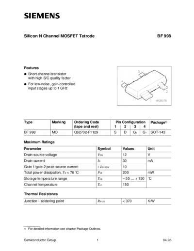 Siemens bf998  . Electronic Components Datasheets Active components Transistors Siemens bf998.pdf