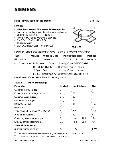 Siemens bfy182  . Electronic Components Datasheets Active components Transistors Siemens bfy182.pdf