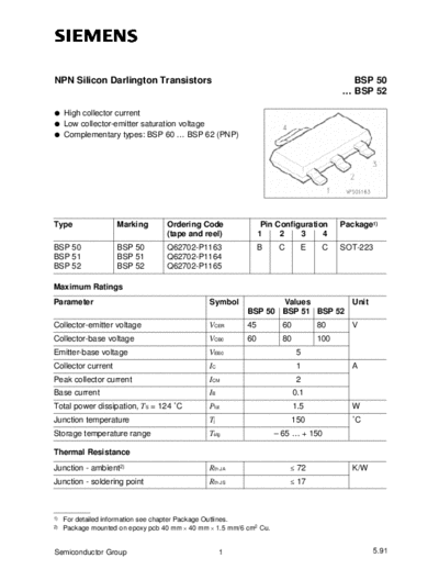 . Electronic Components Datasheets bsp50 bsp51 bsp52  . Electronic Components Datasheets Active components Transistors Siemens bsp50_bsp51_bsp52.pdf