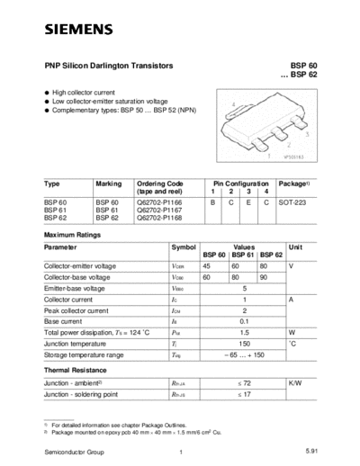 Siemens bsp60 bsp61 bsp62  . Electronic Components Datasheets Active components Transistors Siemens bsp60_bsp61_bsp62.pdf