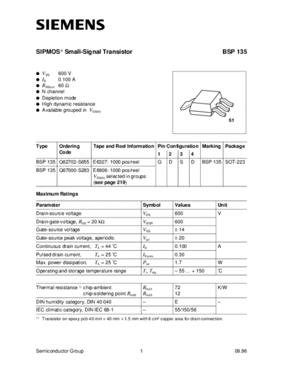 Siemens bsp135  . Electronic Components Datasheets Active components Transistors Siemens bsp135.pdf