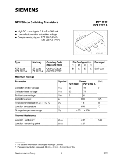 Siemens pzt2222  . Electronic Components Datasheets Active components Transistors Siemens pzt2222.pdf