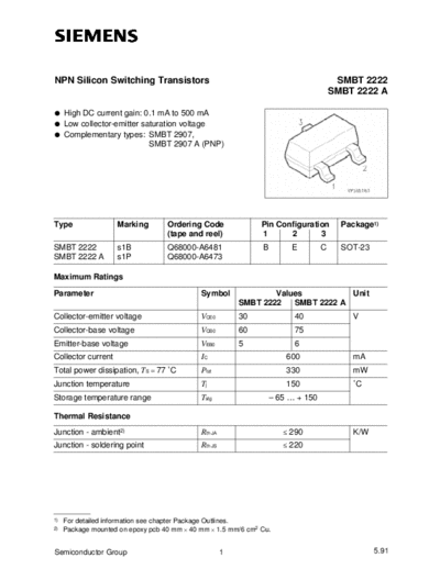 Siemens smbt2222  . Electronic Components Datasheets Active components Transistors Siemens smbt2222.pdf