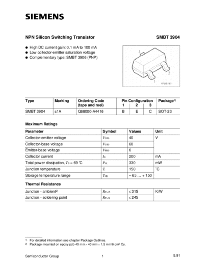 . Electronic Components Datasheets smbt3904  . Electronic Components Datasheets Active components Transistors Siemens smbt3904.pdf