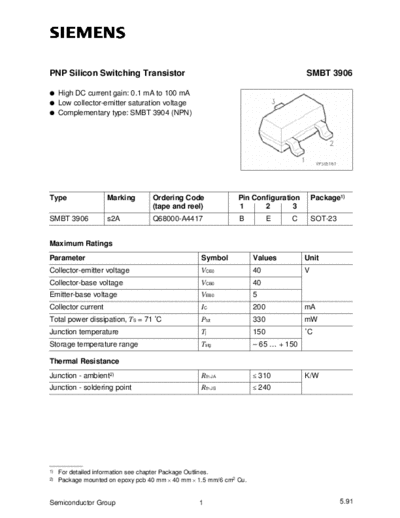 Siemens smbt3906  . Electronic Components Datasheets Active components Transistors Siemens smbt3906.pdf