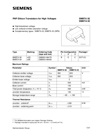Siemens smbta92  . Electronic Components Datasheets Active components Transistors Siemens smbta92.pdf