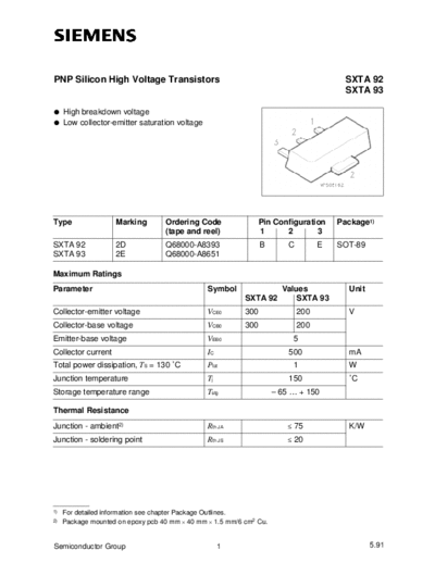 Siemens sxta92  . Electronic Components Datasheets Active components Transistors Siemens sxta92.pdf