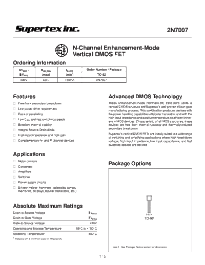 Supertex 2n7007  . Electronic Components Datasheets Active components Transistors Supertex 2n7007.pdf