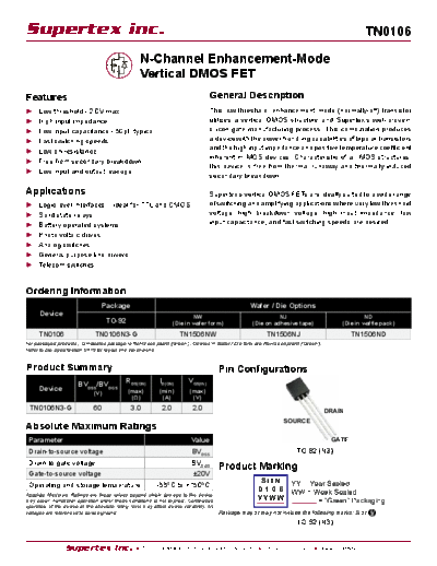 Supertex tn0106  . Electronic Components Datasheets Active components Transistors Supertex tn0106.pdf