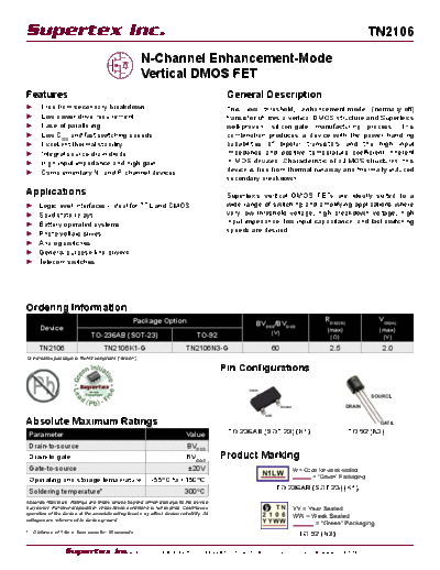 Supertex tn2106  . Electronic Components Datasheets Active components Transistors Supertex tn2106.pdf