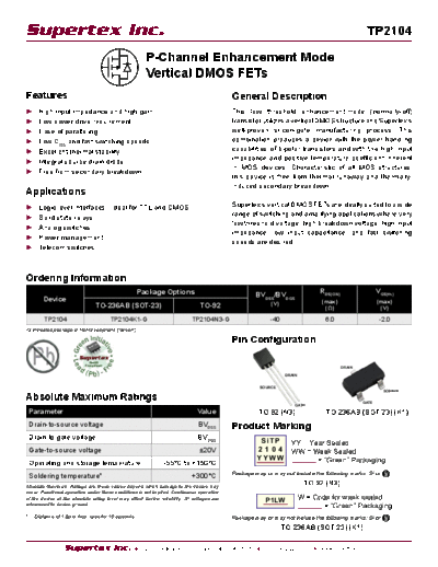 Supertex tp2104  . Electronic Components Datasheets Active components Transistors Supertex tp2104.pdf