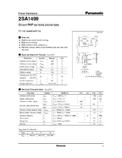 Panasonic 2sa1499  . Electronic Components Datasheets Active components Transistors Panasonic 2sa1499.pdf