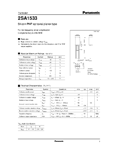 . Electronic Components Datasheets 2sa1533 e  . Electronic Components Datasheets Active components Transistors Panasonic 2sa1533_e.pdf