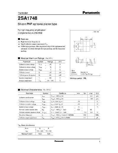 Panasonic 2sa1748  . Electronic Components Datasheets Active components Transistors Panasonic 2sa1748.pdf