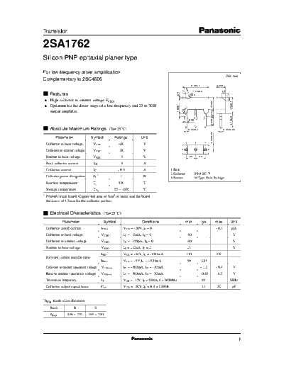 Panasonic 2sa1762  . Electronic Components Datasheets Active components Transistors Panasonic 2sa1762.pdf