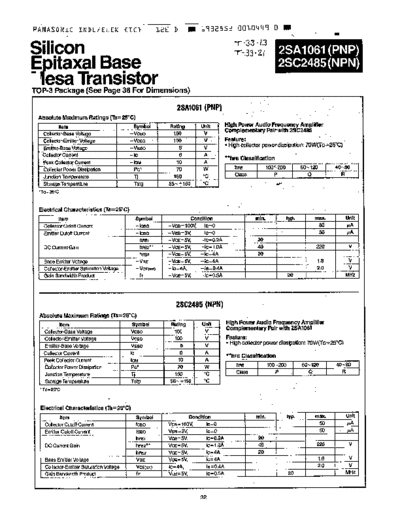 Panasonic 2sa1061 2sc2485  . Electronic Components Datasheets Active components Transistors Panasonic 2sa1061_2sc2485.pdf