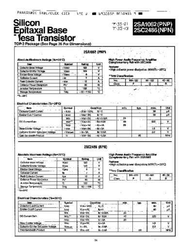 Panasonic 2sa1062 2sc2486  . Electronic Components Datasheets Active components Transistors Panasonic 2sa1062_2sc2486.pdf