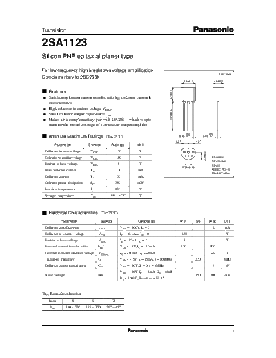 Panasonic 2sa1123  . Electronic Components Datasheets Active components Transistors Panasonic 2sa1123.pdf