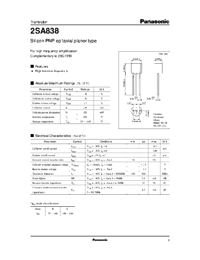 Panasonic 2sa838  . Electronic Components Datasheets Active components Transistors Panasonic 2sa838.pdf