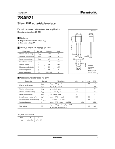 Panasonic 2sa921  . Electronic Components Datasheets Active components Transistors Panasonic 2sa921.pdf