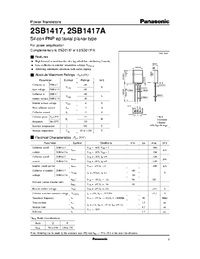 Panasonic 2sb1417  . Electronic Components Datasheets Active components Transistors Panasonic 2sb1417.pdf