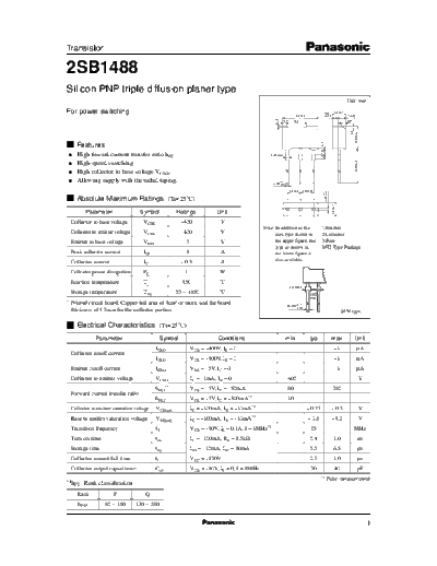 Panasonic 2sb1488  . Electronic Components Datasheets Active components Transistors Panasonic 2sb1488.pdf