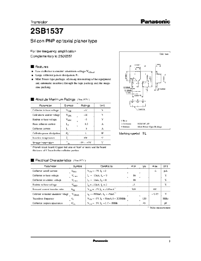 Panasonic 2sb1537  . Electronic Components Datasheets Active components Transistors Panasonic 2sb1537.pdf