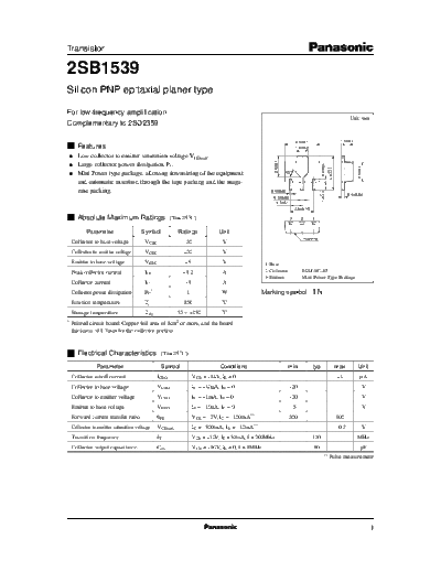 Panasonic 2sb1539  . Electronic Components Datasheets Active components Transistors Panasonic 2sb1539.pdf