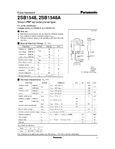 Panasonic 2sb1548  . Electronic Components Datasheets Active components Transistors Panasonic 2sb1548.pdf