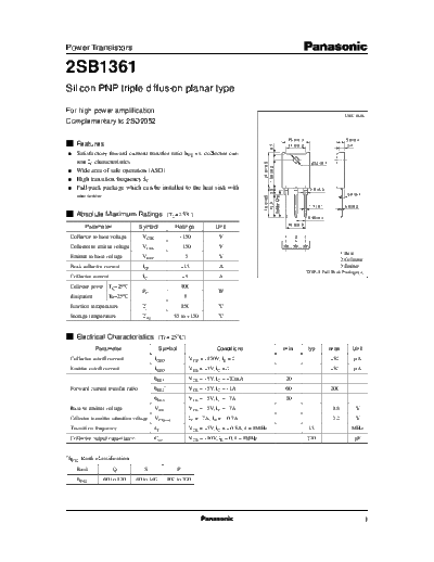 Panasonic 2sb1361  . Electronic Components Datasheets Active components Transistors Panasonic 2sb1361.pdf