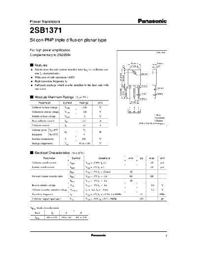 Panasonic 2sb1371  . Electronic Components Datasheets Active components Transistors Panasonic 2sb1371.pdf