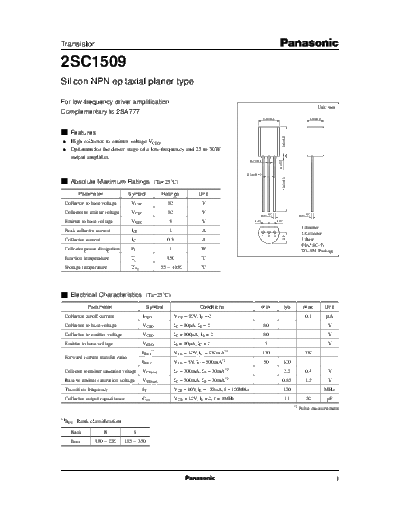 Panasonic 2sc1509  . Electronic Components Datasheets Active components Transistors Panasonic 2sc1509.pdf