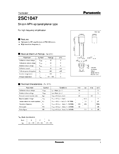 Panasonic 2sc1047  . Electronic Components Datasheets Active components Transistors Panasonic 2sc1047.pdf