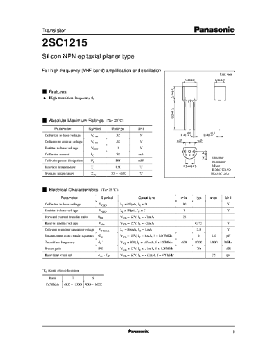 Panasonic 2sc1215  . Electronic Components Datasheets Active components Transistors Panasonic 2sc1215.pdf