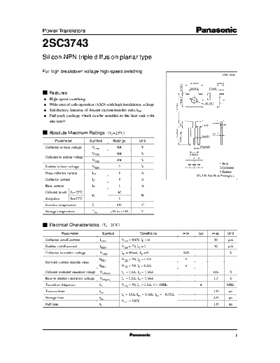 Panasonic 2sc3743  . Electronic Components Datasheets Active components Transistors Panasonic 2sc3743.pdf