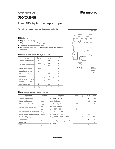 Panasonic 2sc3868  . Electronic Components Datasheets Active components Transistors Panasonic 2sc3868.pdf