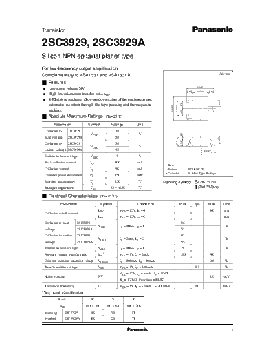 Panasonic 2sc3929  . Electronic Components Datasheets Active components Transistors Panasonic 2sc3929.pdf