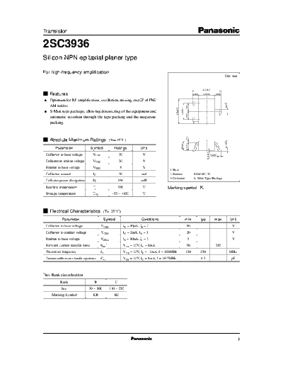 Panasonic 2sc3936  . Electronic Components Datasheets Active components Transistors Panasonic 2sc3936.pdf