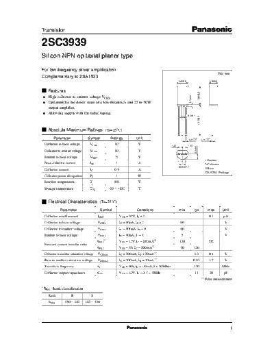 Panasonic 2sc3939  . Electronic Components Datasheets Active components Transistors Panasonic 2sc3939.pdf