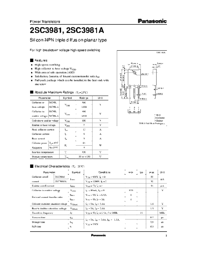 Panasonic 2sc3981  . Electronic Components Datasheets Active components Transistors Panasonic 2sc3981.pdf