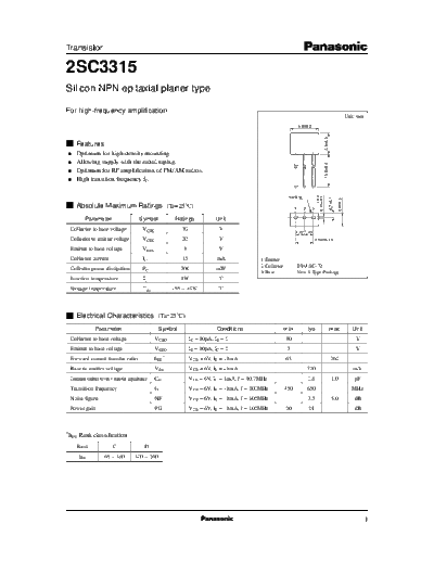 Panasonic 2sc3315  . Electronic Components Datasheets Active components Transistors Panasonic 2sc3315.pdf