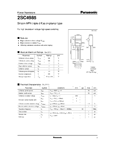 Panasonic 2sc4985  . Electronic Components Datasheets Active components Transistors Panasonic 2sc4985.pdf