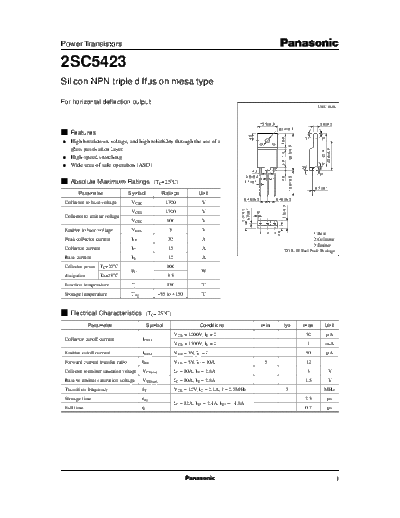 Panasonic 2sc5423  . Electronic Components Datasheets Active components Transistors Panasonic 2sc5423.pdf