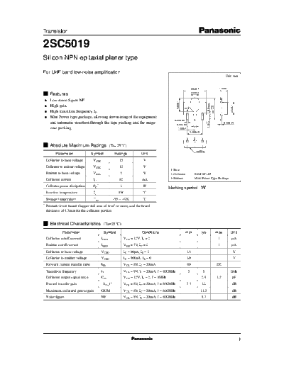 Panasonic 2sc5019  . Electronic Components Datasheets Active components Transistors Panasonic 2sc5019.pdf