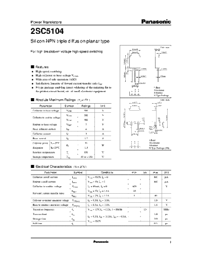 Panasonic 2sc5104  . Electronic Components Datasheets Active components Transistors Panasonic 2sc5104.pdf
