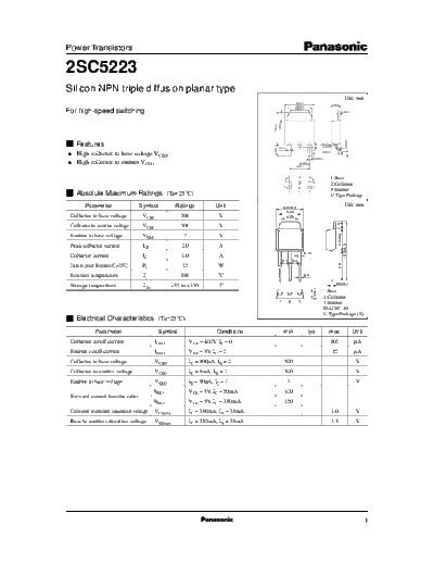 Panasonic 2sc5223  . Electronic Components Datasheets Active components Transistors Panasonic 2sc5223.pdf