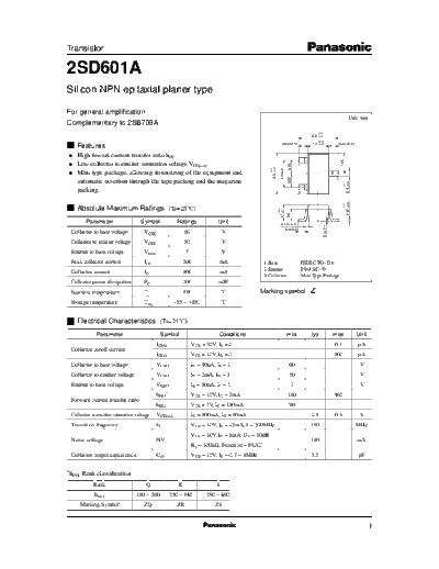 . Electronic Components Datasheets 2sd601a e  . Electronic Components Datasheets Active components Transistors Panasonic 2sd601a_e.pdf