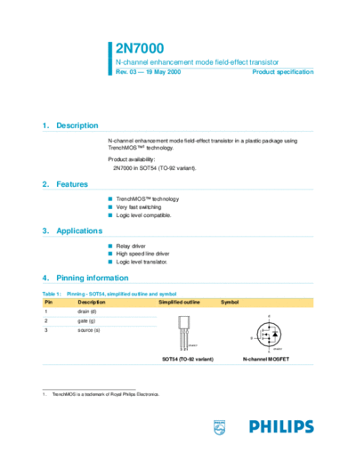 Philips 2n7000-03  . Electronic Components Datasheets Active components Transistors Philips 2n7000-03.pdf