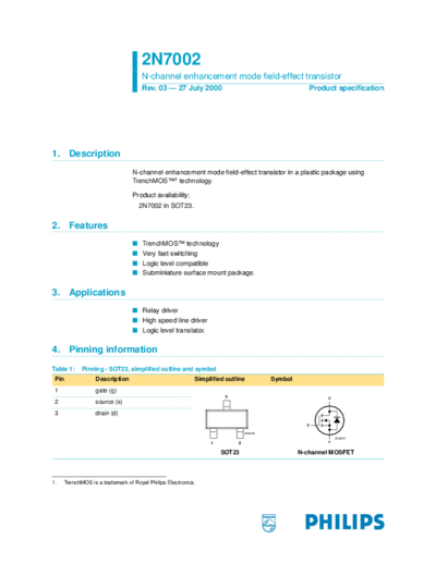 Philips 2n7002-03  . Electronic Components Datasheets Active components Transistors Philips 2n7002-03.pdf